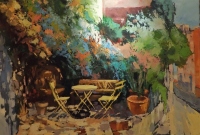 Stolik w cieniu kwiatów w Grimaud, 100x70