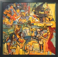 Street Jazz Band, 100x100 cm. olej na płótnie. 2023r.